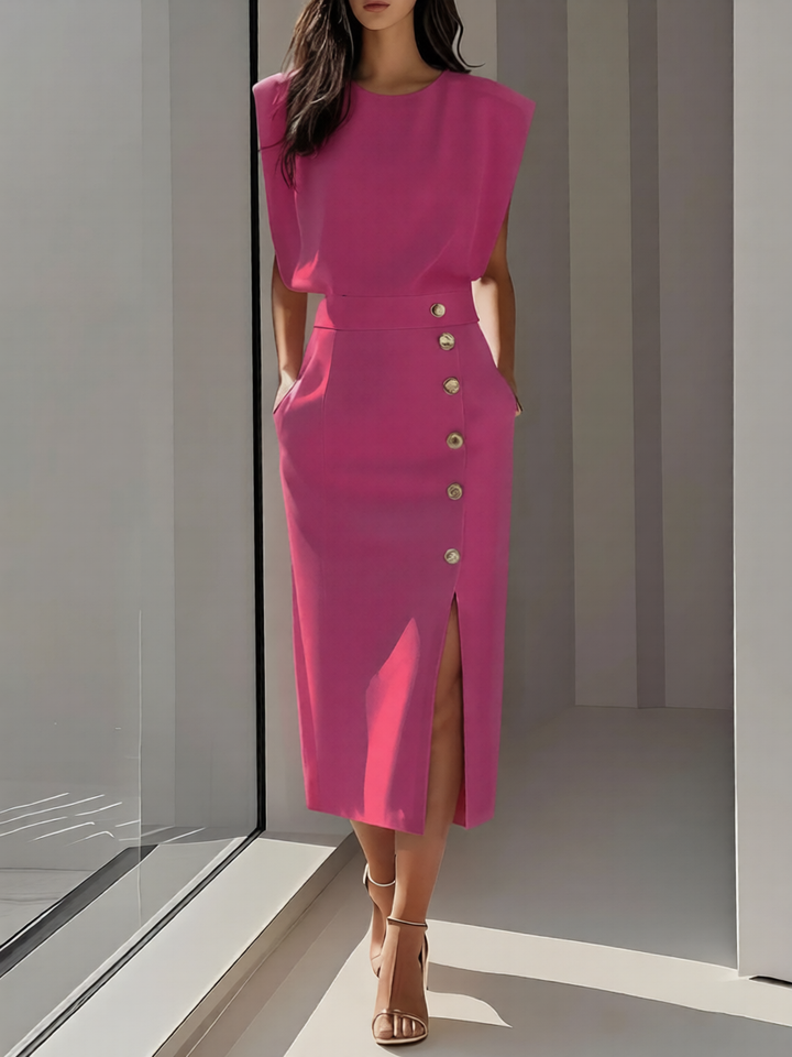Womens Dress - Sophisticated Round Neck Midi Dress for Formal and Versatile Style 8