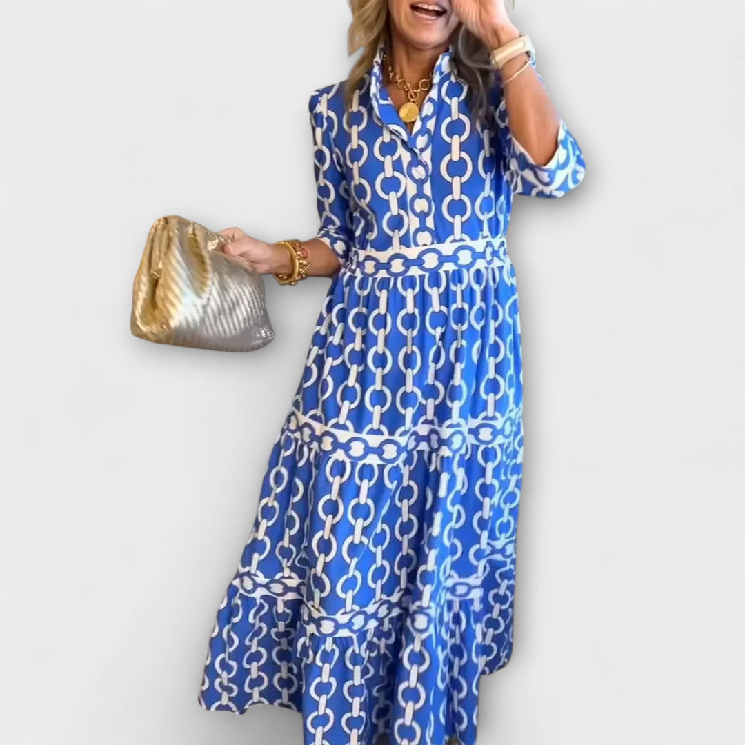 Womens Summer Dress - Elegant Midi Dress with Chain Pattern, Flattering Tiered Skirt, Versatile for Every Occasion 0