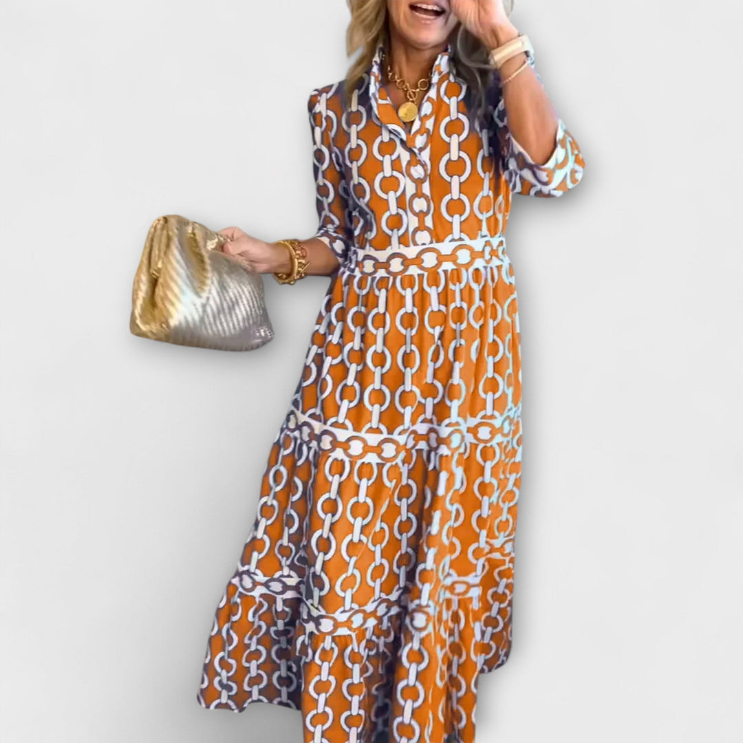 Womens Summer Dress - Elegant Midi Dress with Chain Pattern, Flattering Tiered Skirt, Versatile for Every Occasion 4