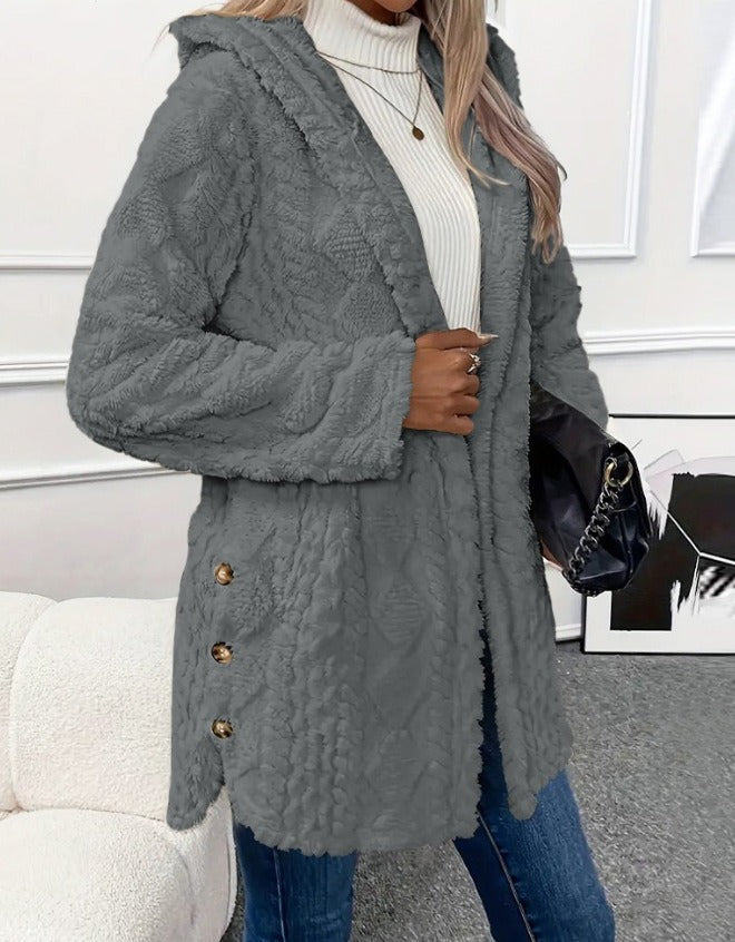 Annika Women's Fluffy Hooded Cardigan Oversized Button-Up