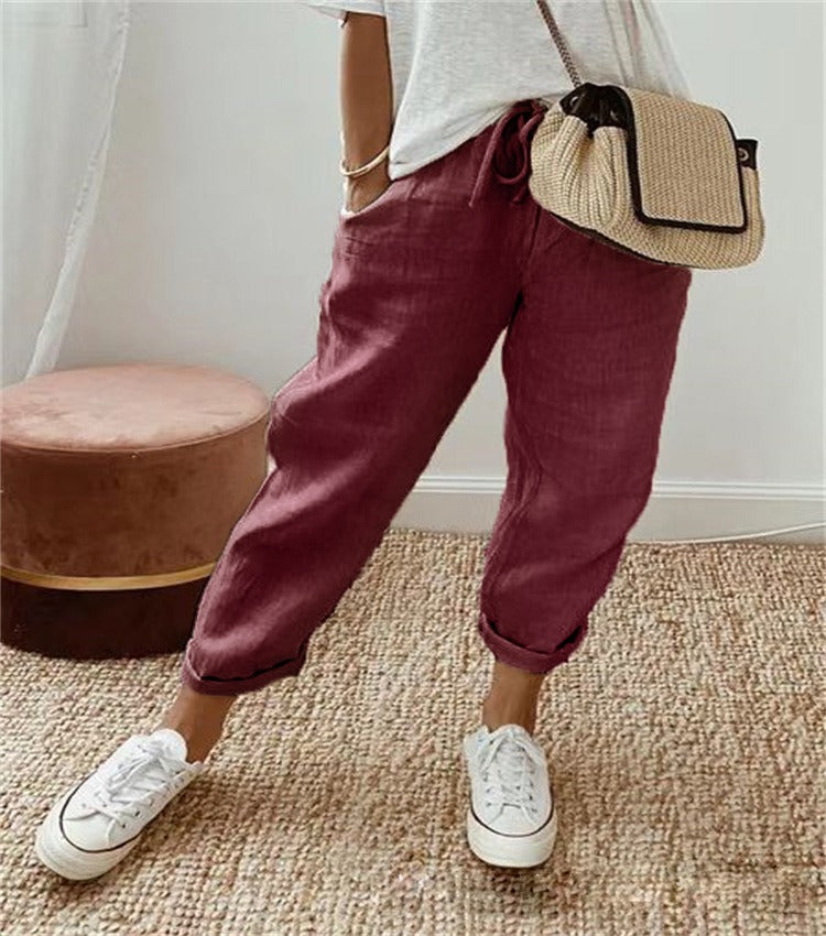 Women's High Waist Wrap Trousers Cropped Tapered with Bow Waistband