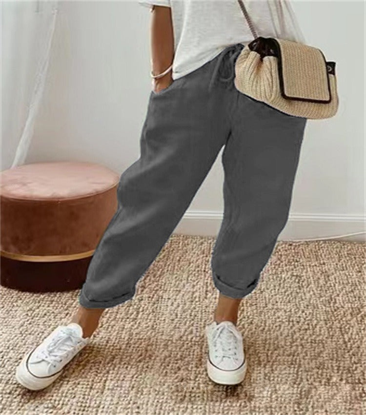 Women's High Waist Wrap Trousers Cropped Tapered with Bow Waistband