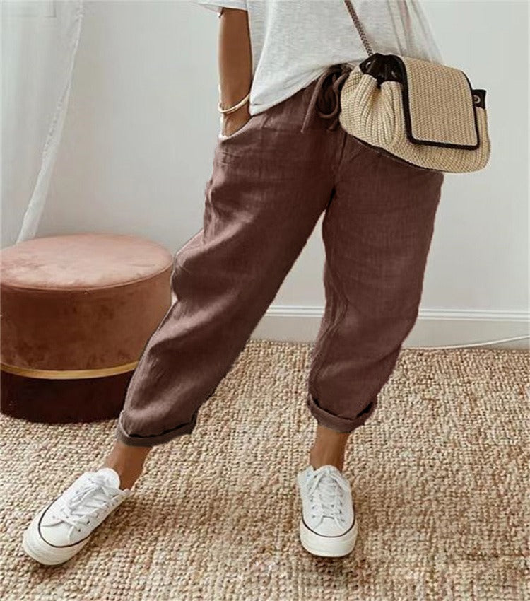 Women's High Waist Wrap Trousers Cropped Tapered with Bow Waistband